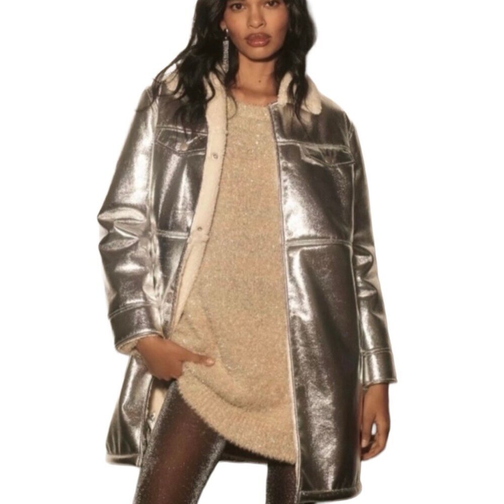 7 For All Mankind Women's Coat Size XS Metallic Silver Jacket Faux Fur NWT